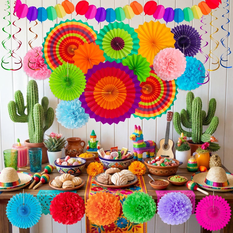 Moon Boat 35PCS Fiesta Paper Fan Party Decorations Set - Cinco De Mayo Pom Poms,Pennant,Garland String,Banner,Hanging Swirls Hispanic Heritage Month Decor Supplies,Multicolored - Image 2